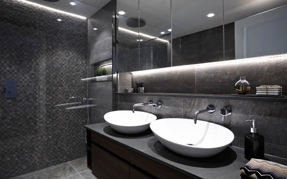 Luxury Black Bathroom with his and her sinks