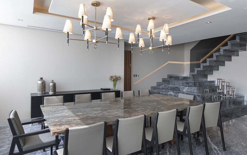 large grey marble dining room
