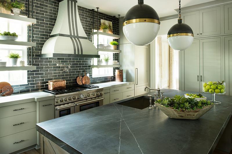 Large grey kitchen with circular ceiling lights