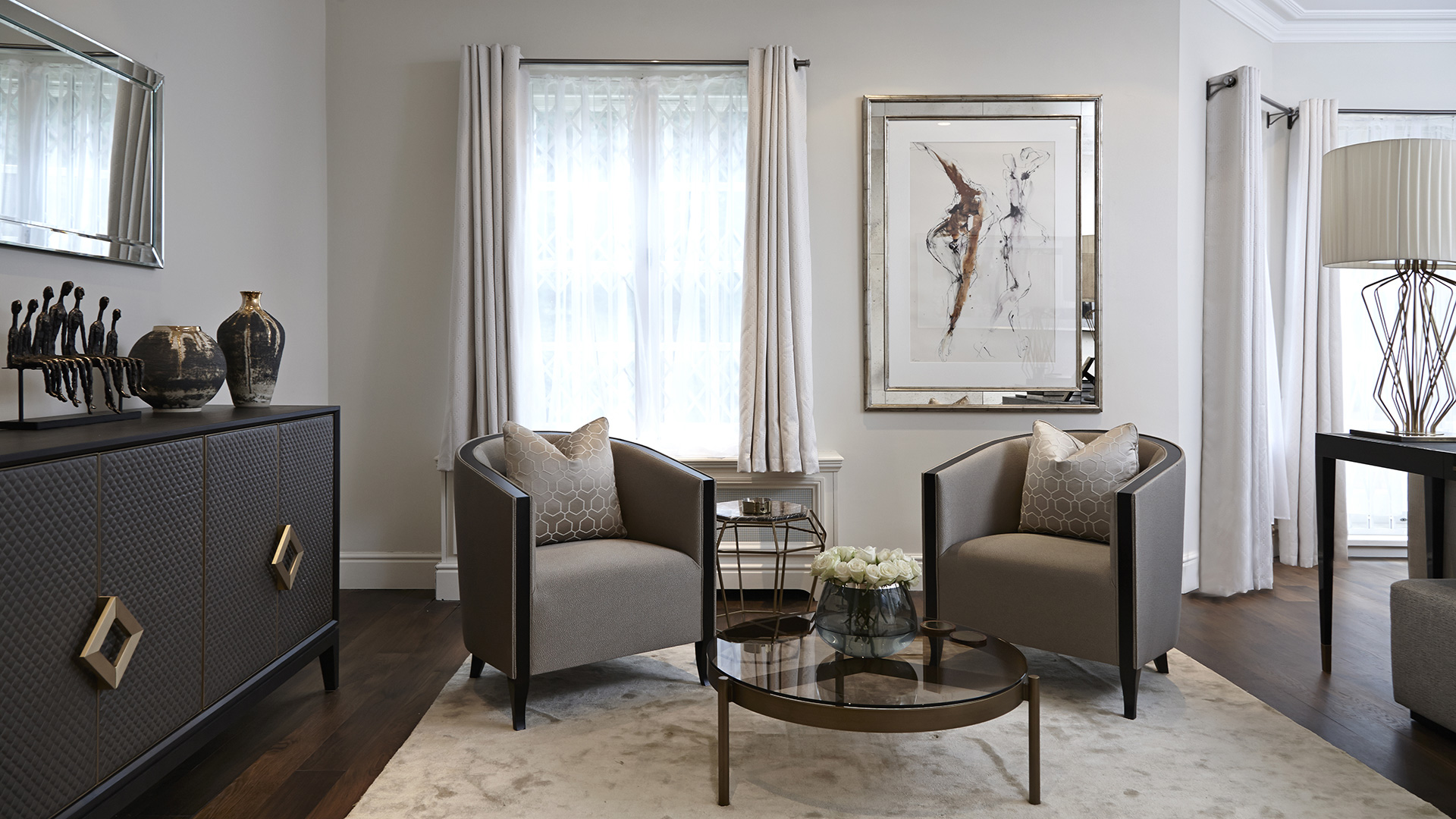 Luxury light grey living room interior design