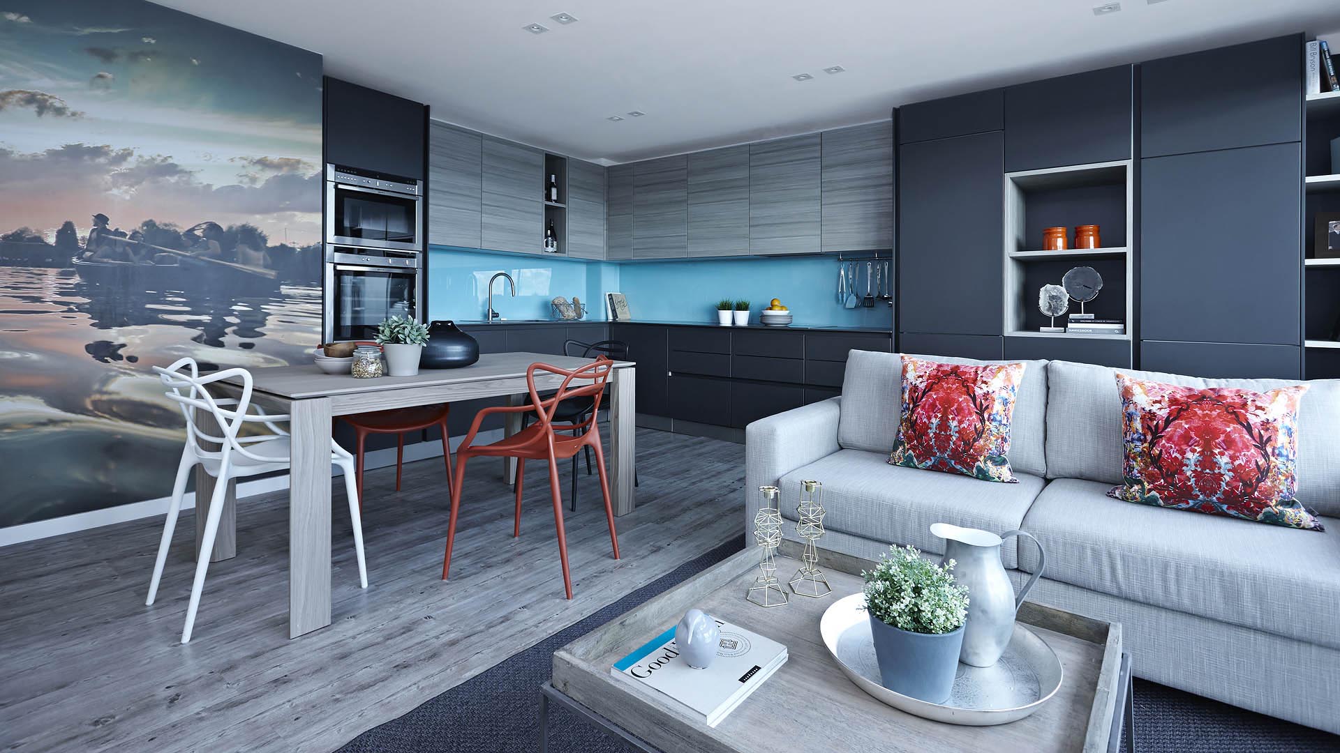 Blue and grey luxury loft style apartment