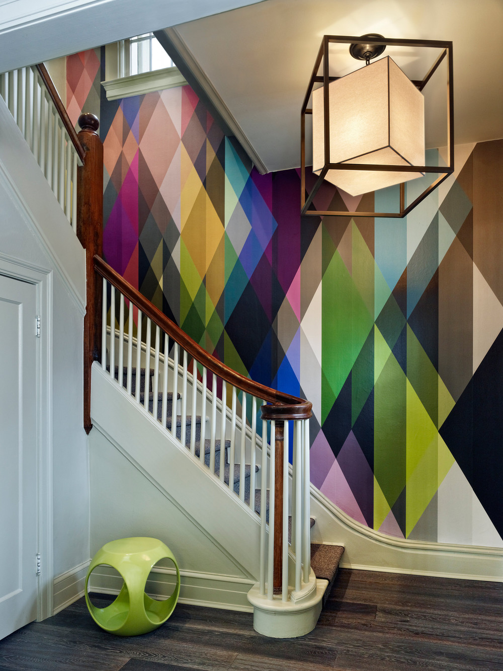 Geometric wallpaper on staircase