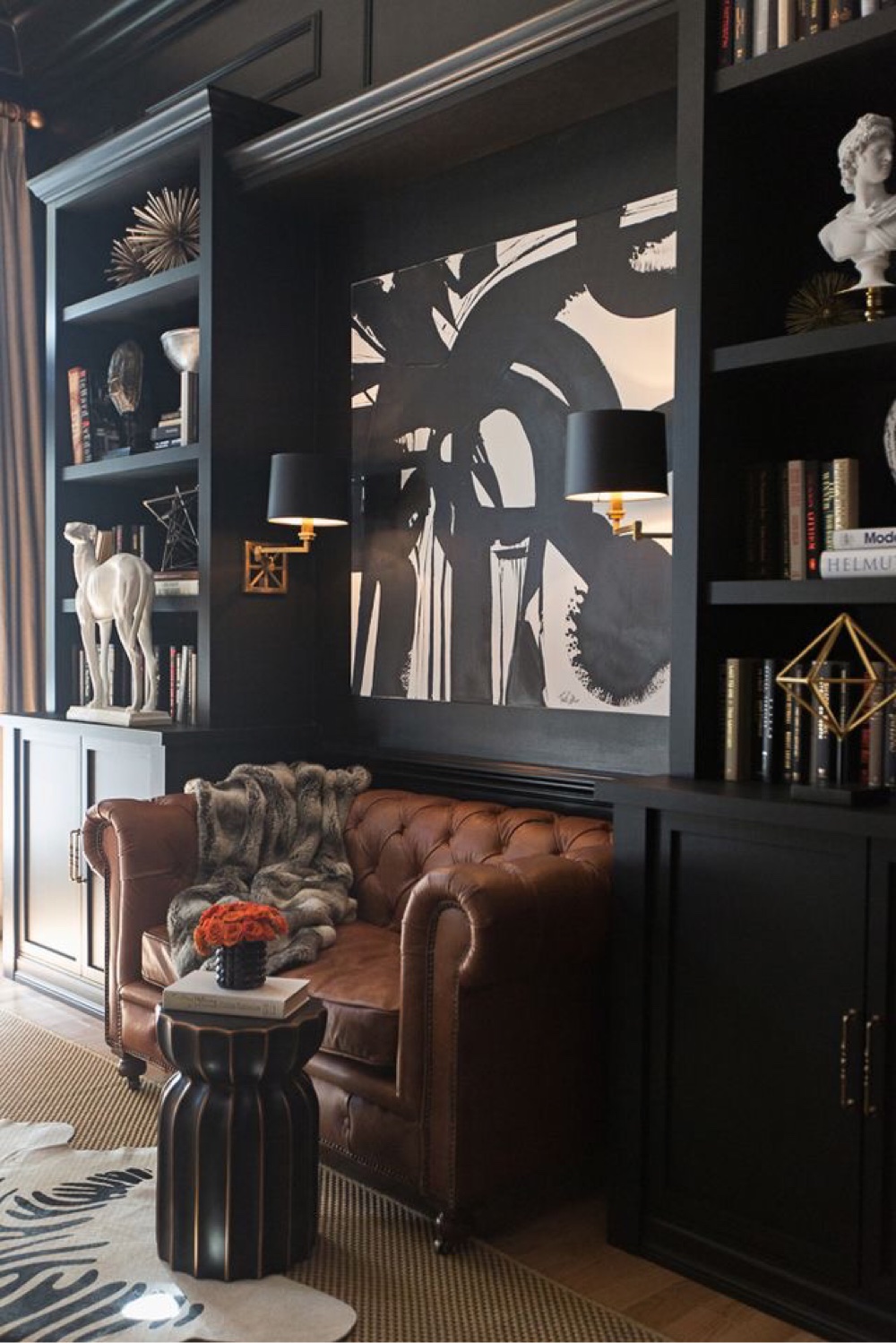 Black wall cabinets in study