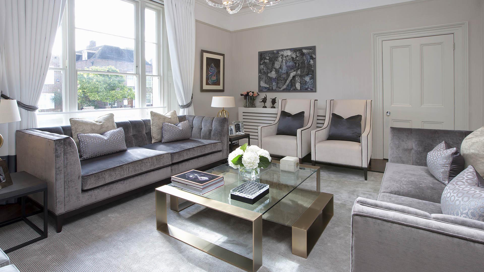 Luxury velvet grey sofas in living room