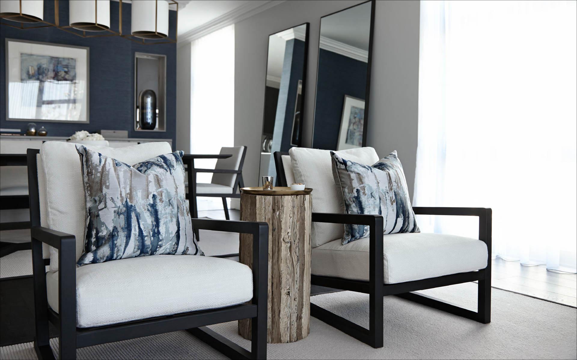 Dark grey and white living room chairs