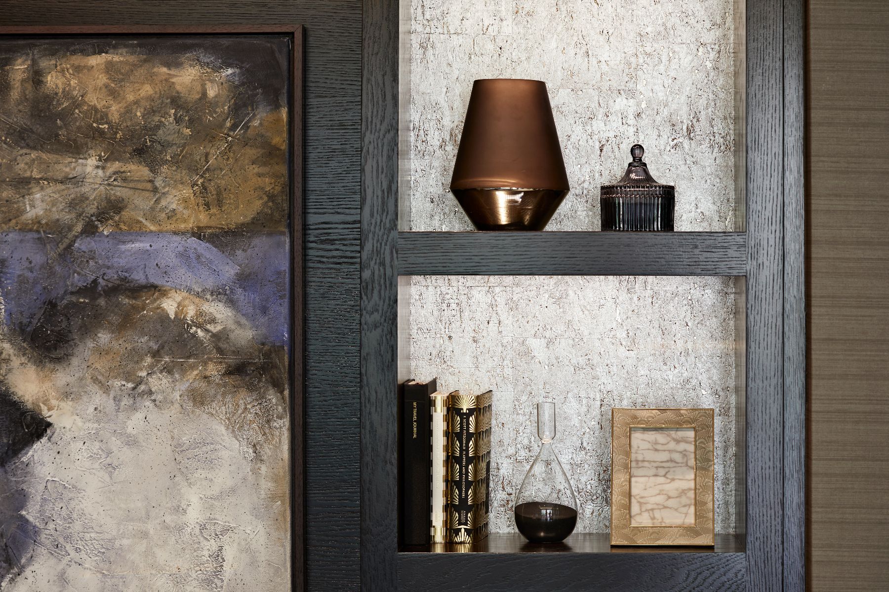 Harrods Court - Bookshelf being used to display trinkets and items, residential bespoke design, Interior design services in London by Bailey Interior Design London