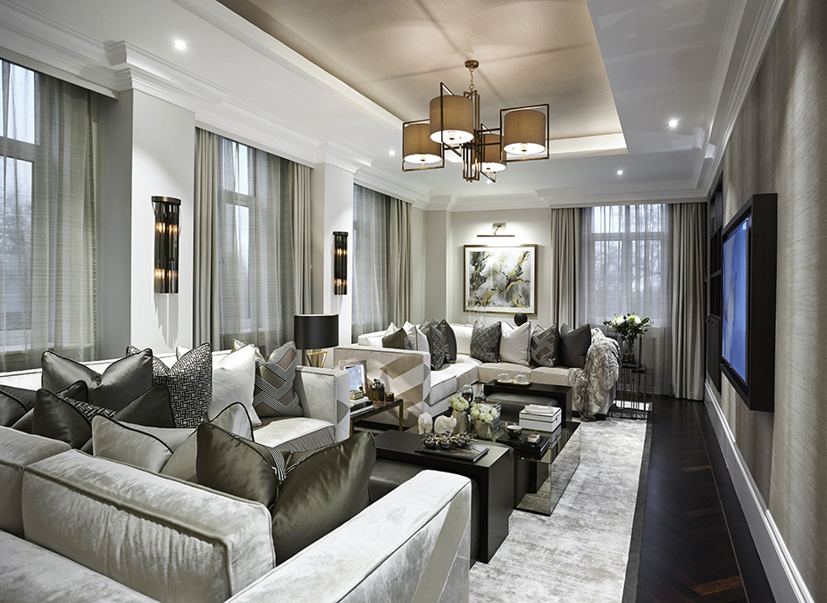 Large luxury living room with grey tones, 2 corner sofa units create a central area around central focal point. Fountain house - home interior design by Bailey Interior Design London
